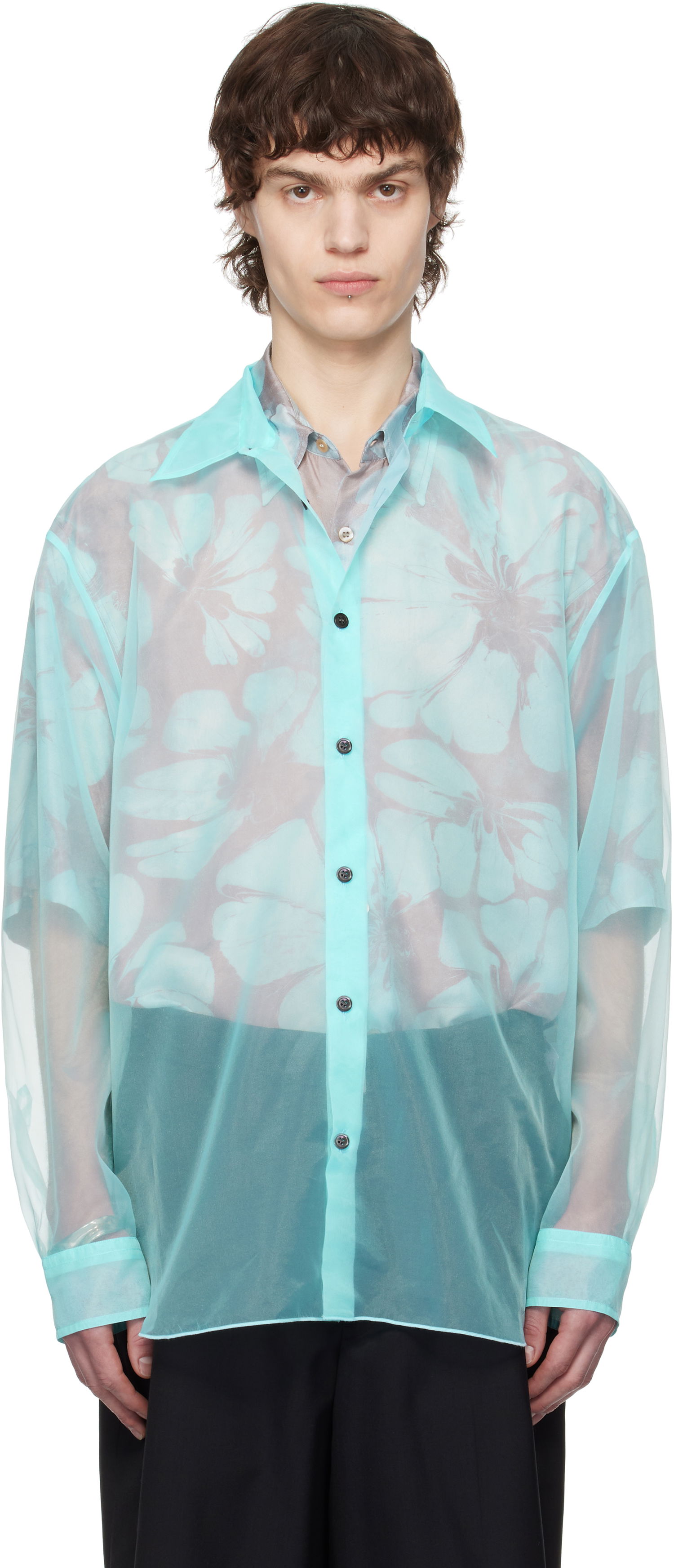 Риза Dries Van Noten Dries Van Noten Organza Floral-Print Shirt Тюркоазено | 251-020732-1501, 0