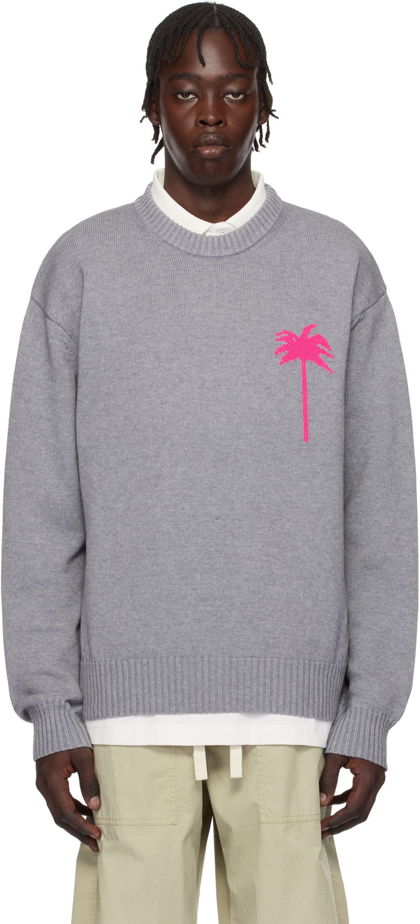 Пуловер Palm Angels Knit Sweater With Palm Tree Embroidery Сиво | PMHE080S25KNI0010832