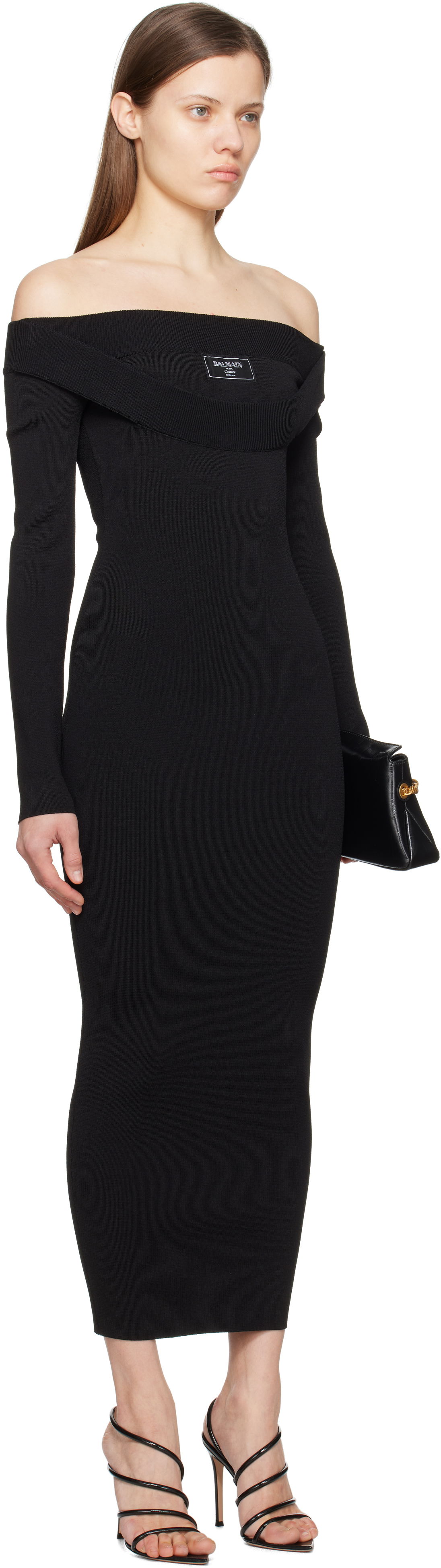 Pокля Balmain Balmain Plain Knit Off-The-Shoulder Maxi Dress Черно | EF1RL109KH82, 1