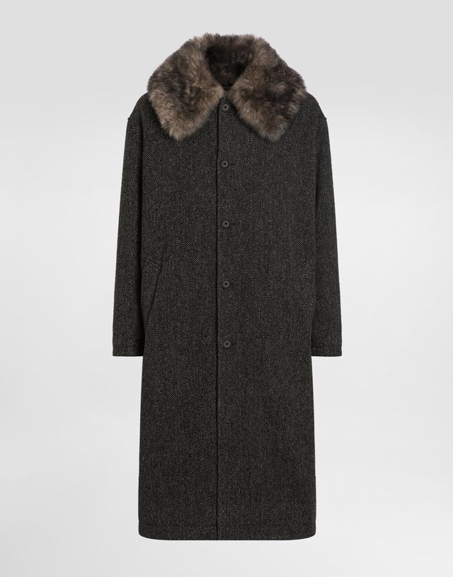 Wool Chevron Coat with Fur Collar
