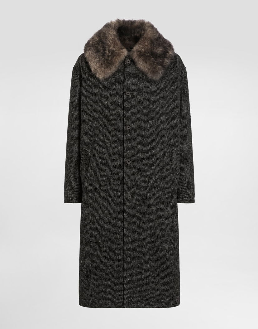 Палта Dolce & Gabbana Wool Chevron Coat with Fur Collar Сиво | G047VZFC2E6S8030