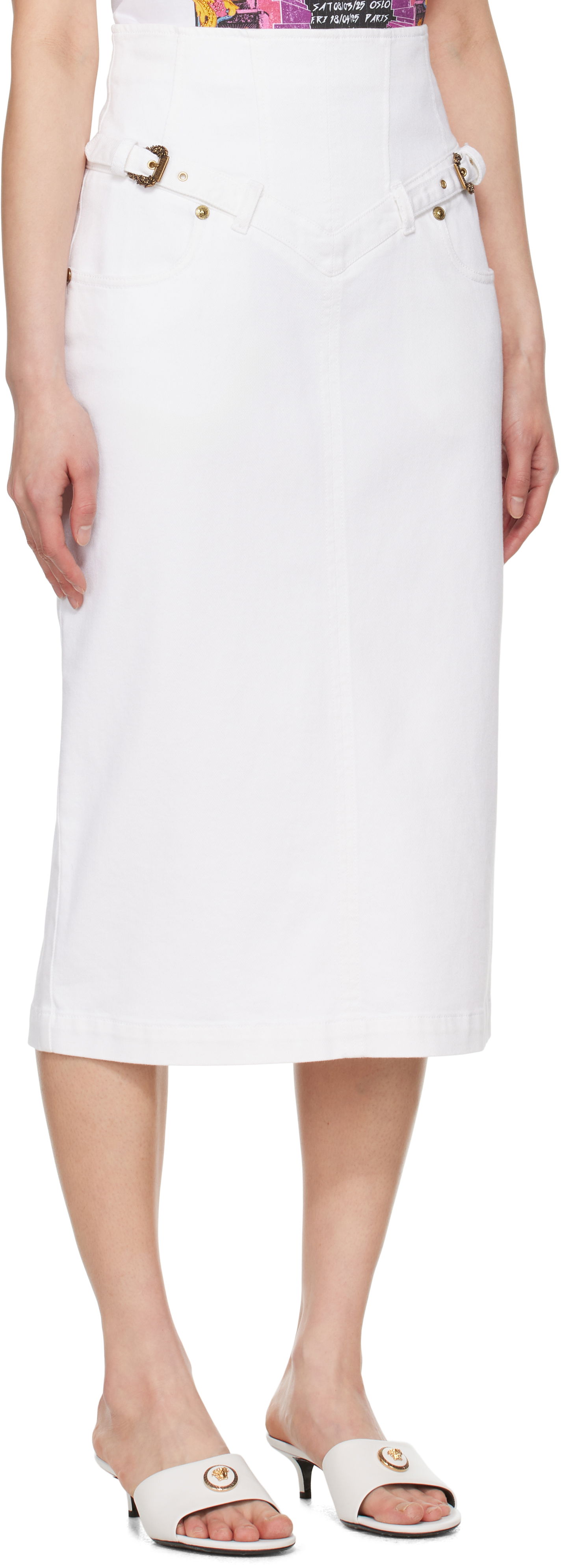 Пола Versace Versace Jeans Couture Baroque Buckle Denim Midi Skirt Бяло | E78HAE85E_EEW015TC2, 1