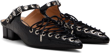 Кецове и обувки GANNI GANNI Croc-Embossed Patent Leather Eyelets Lace-Up Block-Heel Mules Черно | S3009, 3